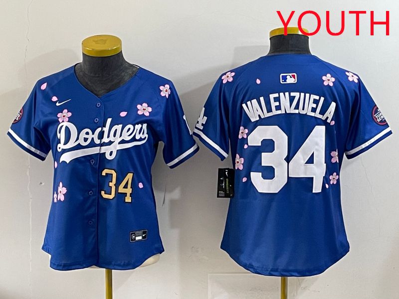 Youth Los Angeles Dodgers #34 Valenzuela Blue Sakura Edition 2025 Nike MLB Jersey style 32->women mlb jersey->Women Jersey